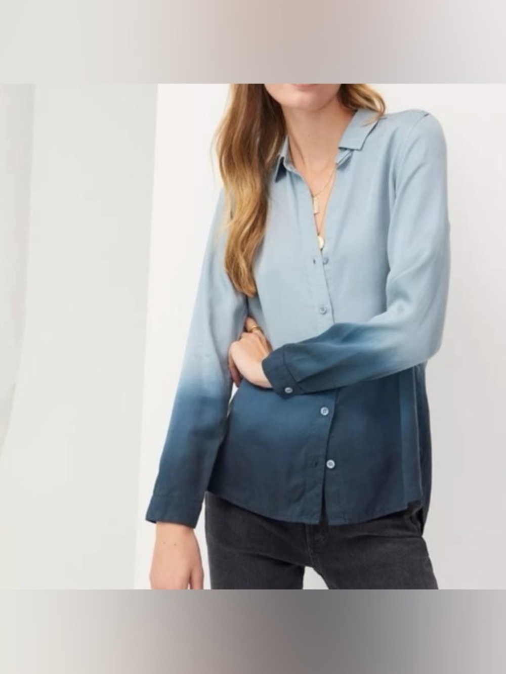 Anthropologie Cloth & Stone Ombre Button Down Shirt Blue Lyocell XS